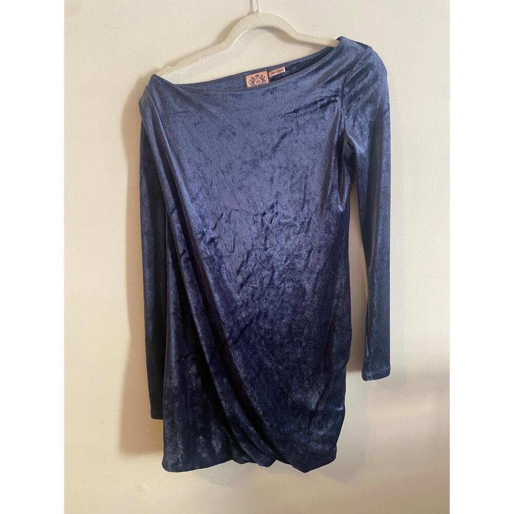 Juicy Couture Dark Blue Long Sleeve Velvet Fabric Asymmetrical Dress Size Medium